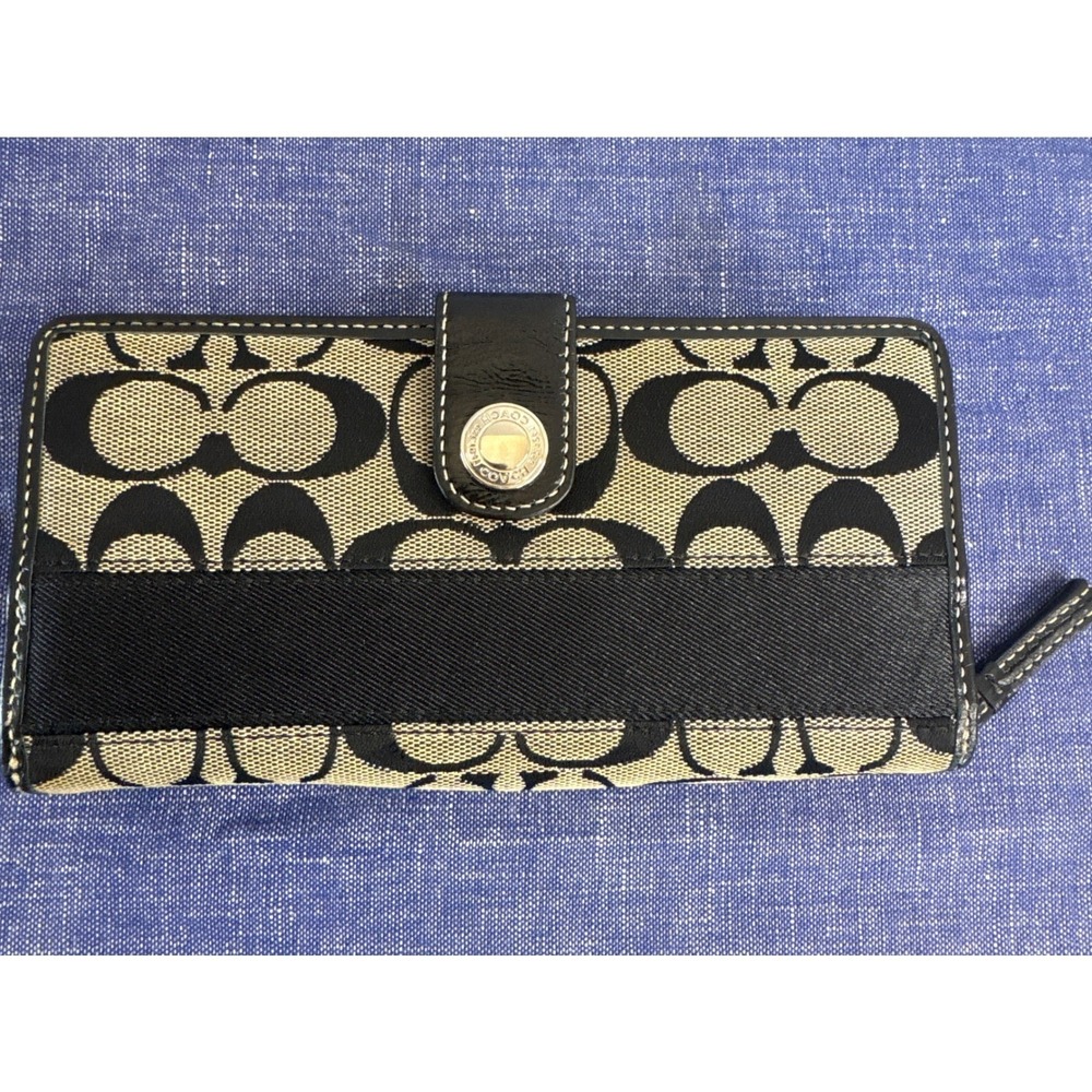 Coach Signature C Jacquard Bifold Zip Around Long Wallet Black Khaki Canvas